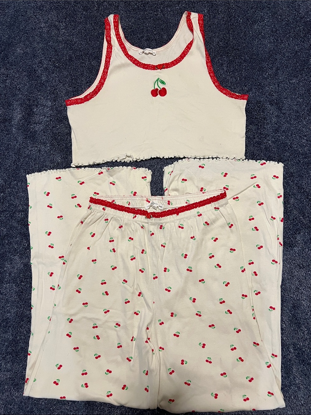 Cream Cherry-Print Women's Pajama Set with Red Trim